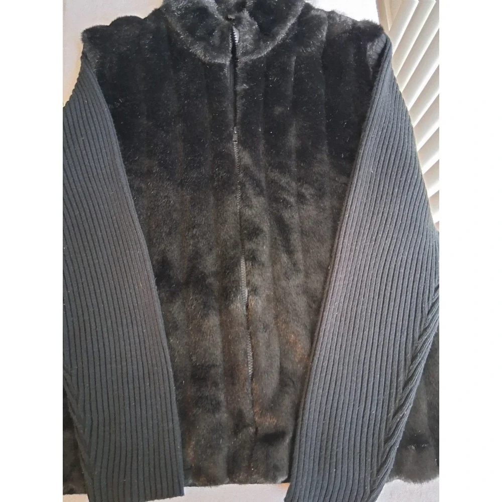 Vintage Lane Bryant Faux Fur Zip Front Sweater Knit Black 26/28 Y2K NWOT